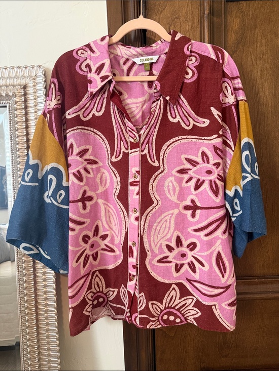 Celandine Tops - Celandine Floral Button-Up Shirt in Pink & Burgundy from Anthropolgie